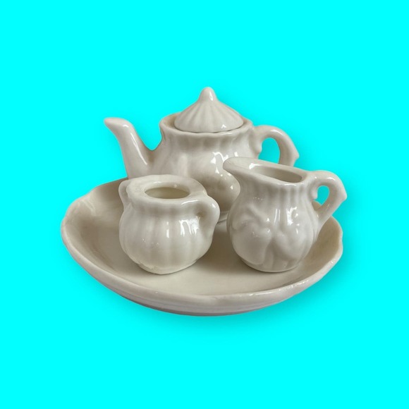 Doll Dishes, Doll Tea Set, Toy Dishes, Tiny Dishes, Roses, 5 pieces White 2” T - Picture 1 of 9